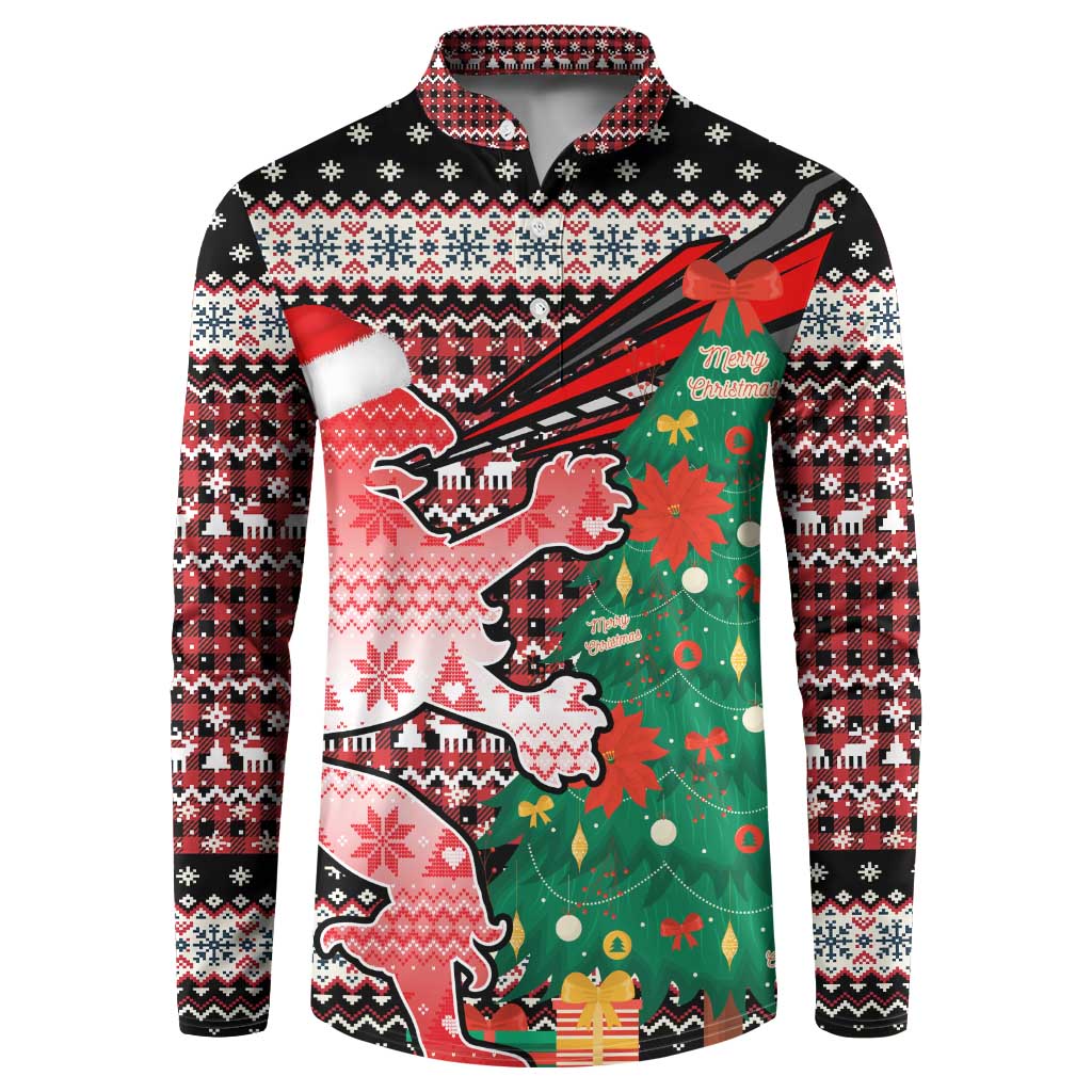 Latvia Christmas Button Sweatshirt with Red Lion, Holiday Tree, and Nordic Pattern Design - Wonder Print Shop