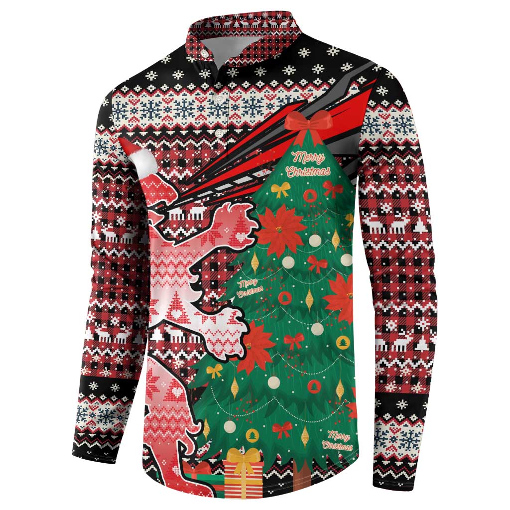 Latvia Christmas Button Sweatshirt with Red Lion, Holiday Tree, and Nordic Pattern Design - Wonder Print Shop