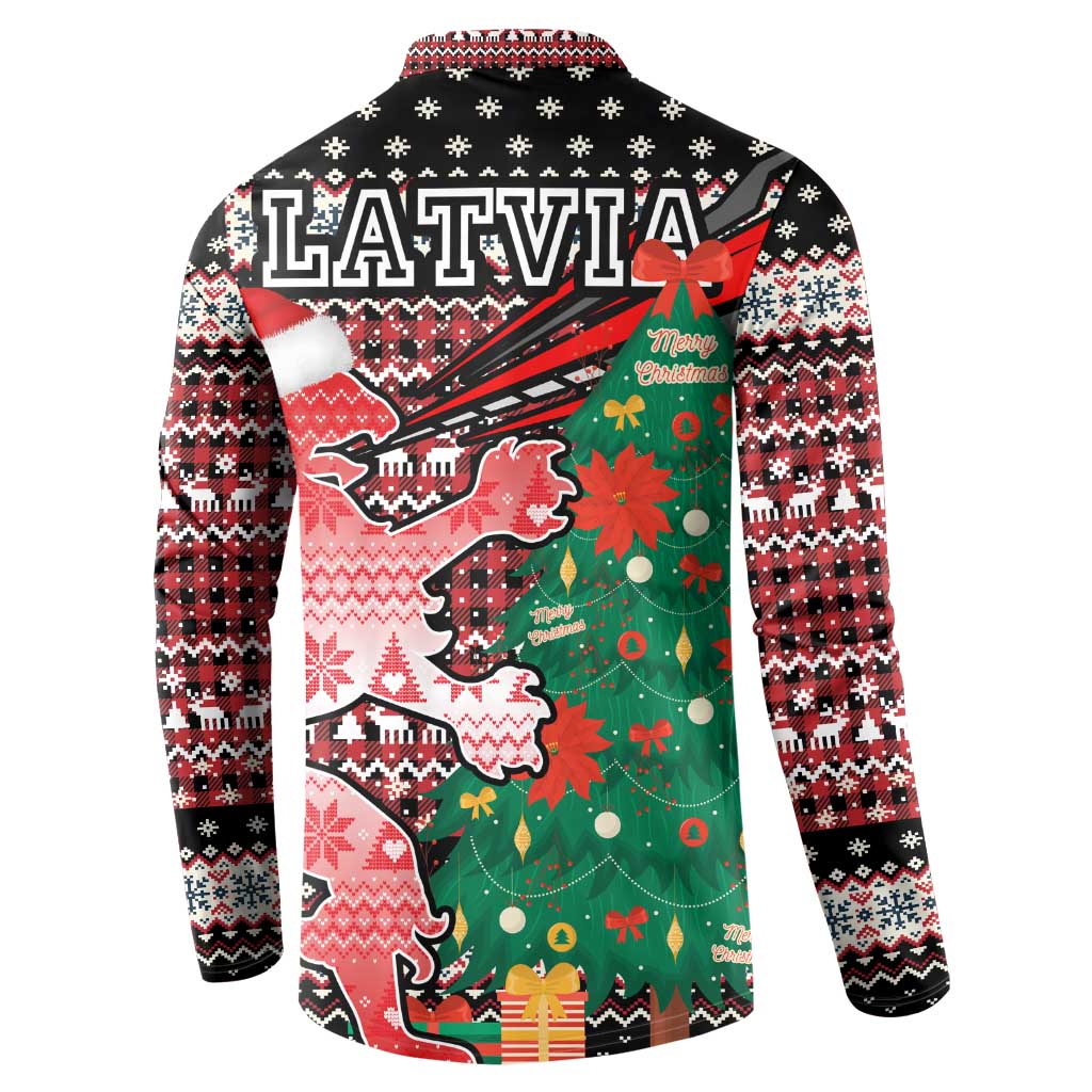 Latvia Christmas Button Sweatshirt with Red Lion, Holiday Tree, and Nordic Pattern Design - Wonder Print Shop