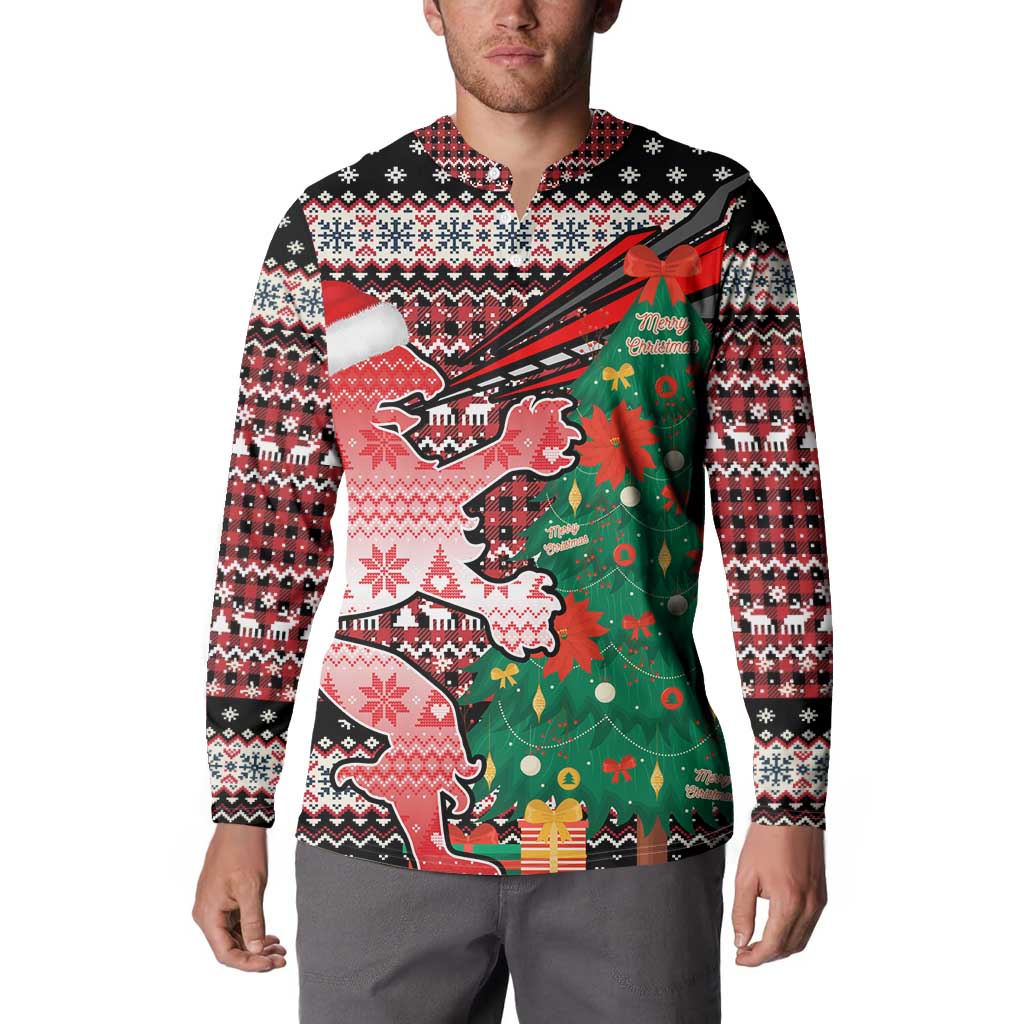 Latvia Christmas Button Sweatshirt with Red Lion, Holiday Tree, and Nordic Pattern Design - Wonder Print Shop