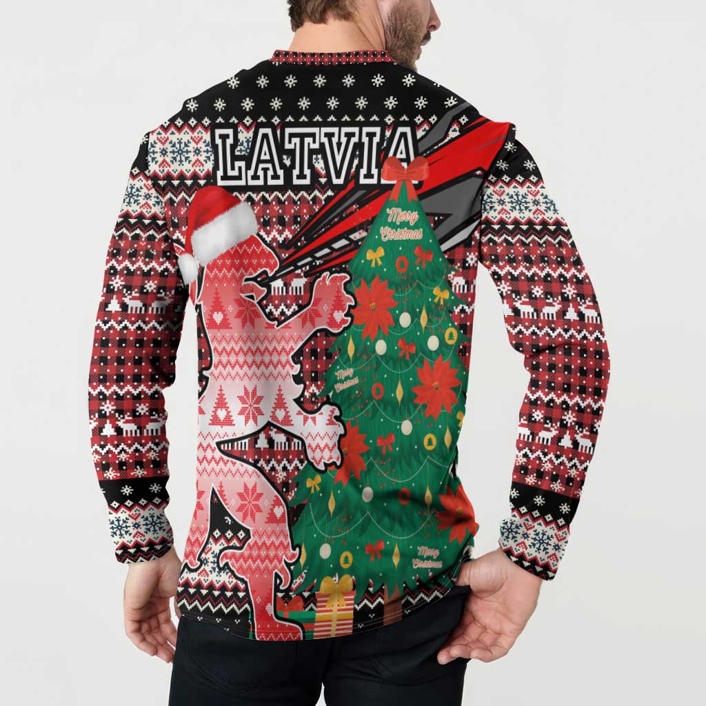 Latvia Christmas Button Sweatshirt with Red Lion, Holiday Tree, and Nordic Pattern Design - Wonder Print Shop