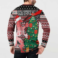 Latvia Christmas Button Sweatshirt with Red Lion, Holiday Tree, and Nordic Pattern Design - Wonder Print Shop