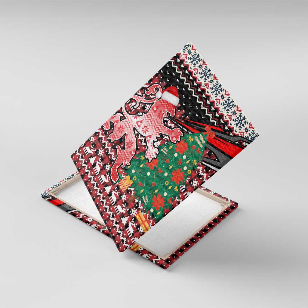 Latvia Christmas Canvas Wall Art with Red Lion, Holiday Tree, and Nordic Pattern Design - Wonder Print Shop