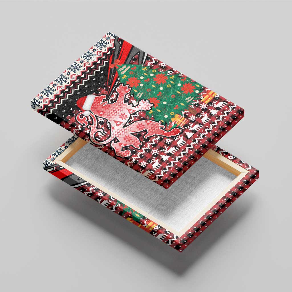 Latvia Christmas Canvas Wall Art with Red Lion, Holiday Tree, and Nordic Pattern Design - Wonder Print Shop
