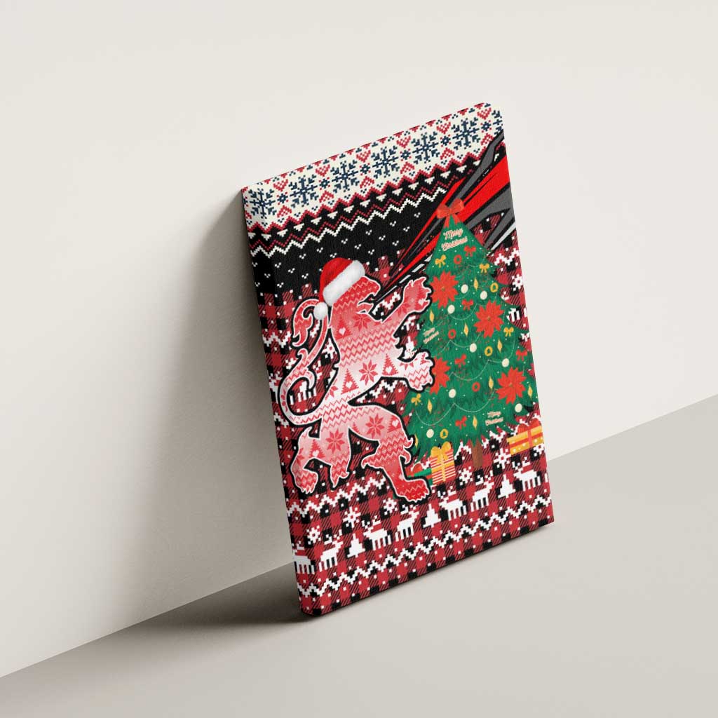 Latvia Christmas Canvas Wall Art with Red Lion, Holiday Tree, and Nordic Pattern Design - Wonder Print Shop