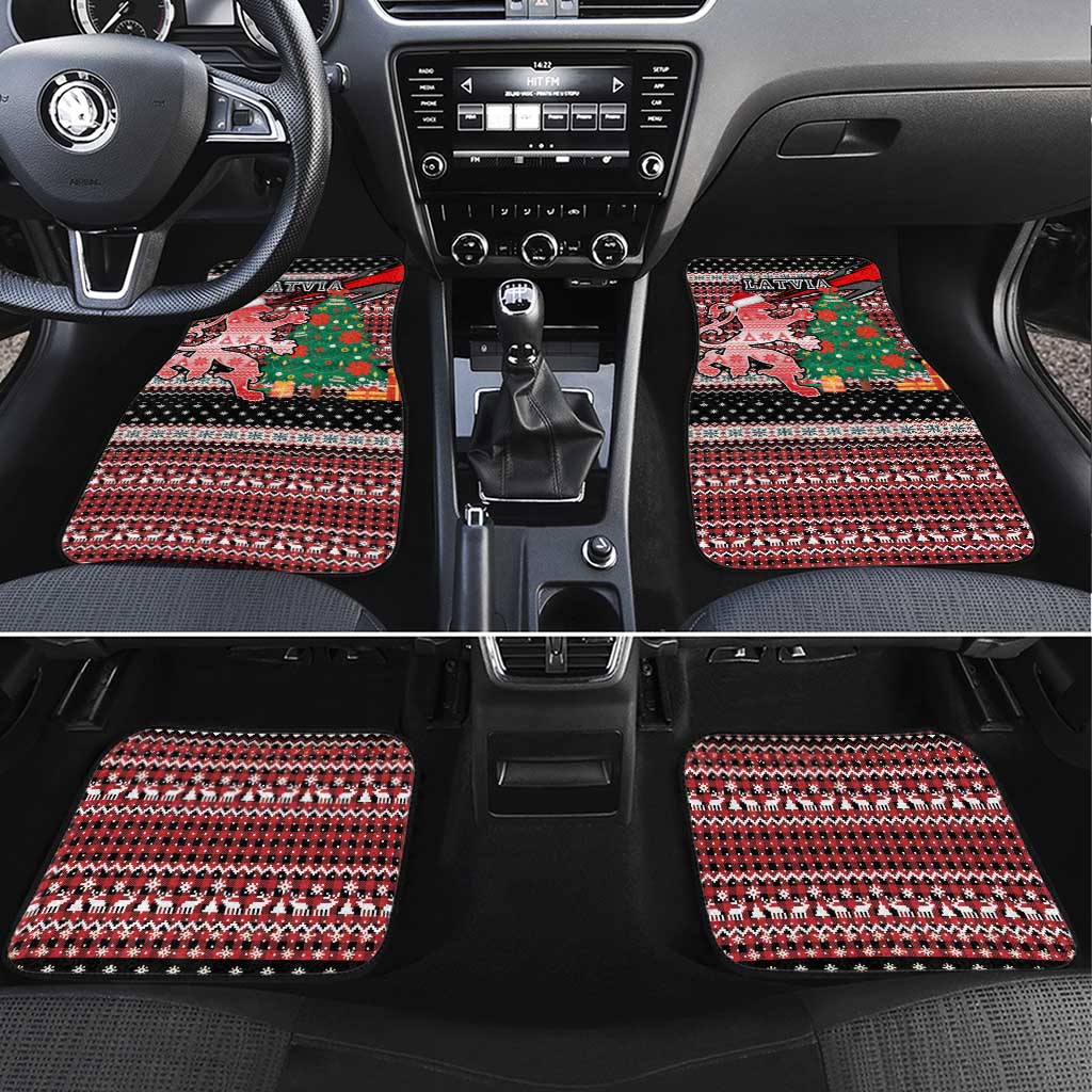 Latvia Christmas Car Mats with Red Lion, Holiday Tree, and Nordic Pattern Design - Wonder Print Shop