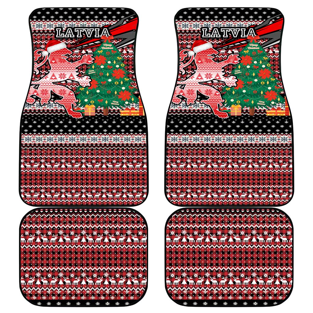 Latvia Christmas Car Mats with Red Lion, Holiday Tree, and Nordic Pattern Design - Wonder Print Shop