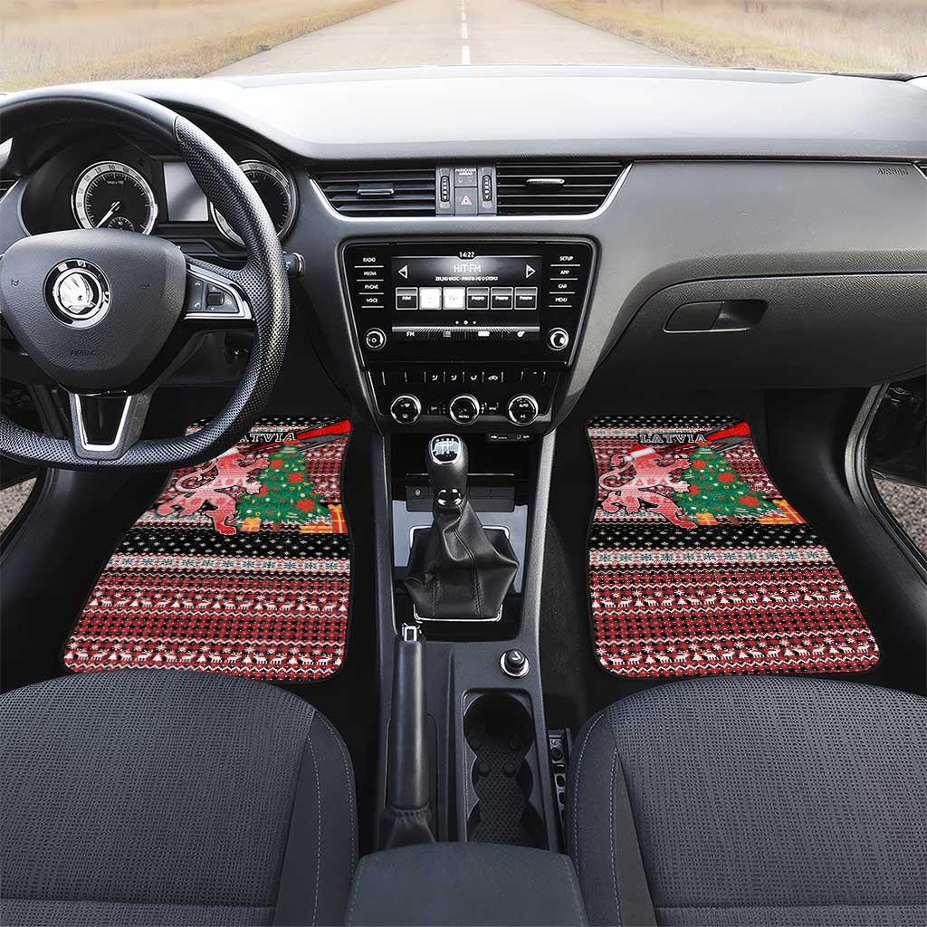 Latvia Christmas Car Mats with Red Lion, Holiday Tree, and Nordic Pattern Design - Wonder Print Shop