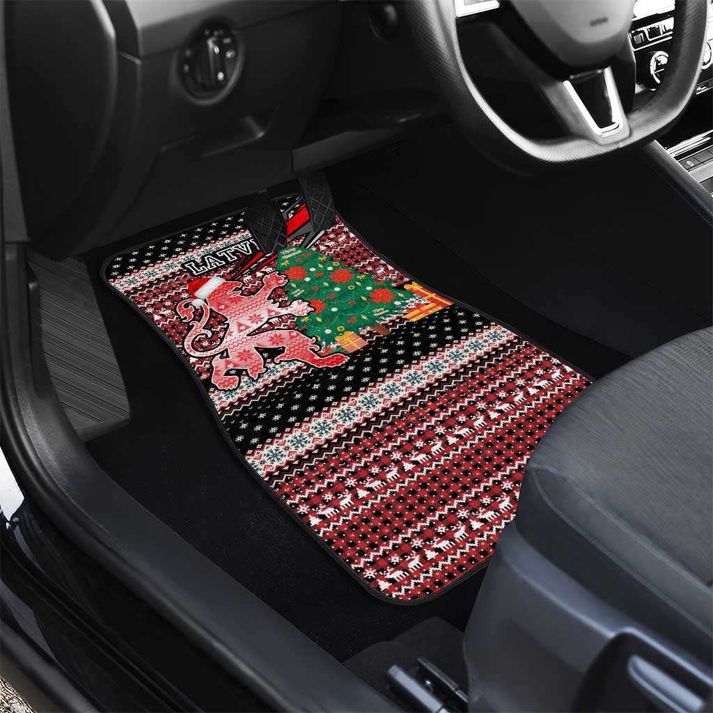 Latvia Christmas Car Mats with Red Lion, Holiday Tree, and Nordic Pattern Design - Wonder Print Shop