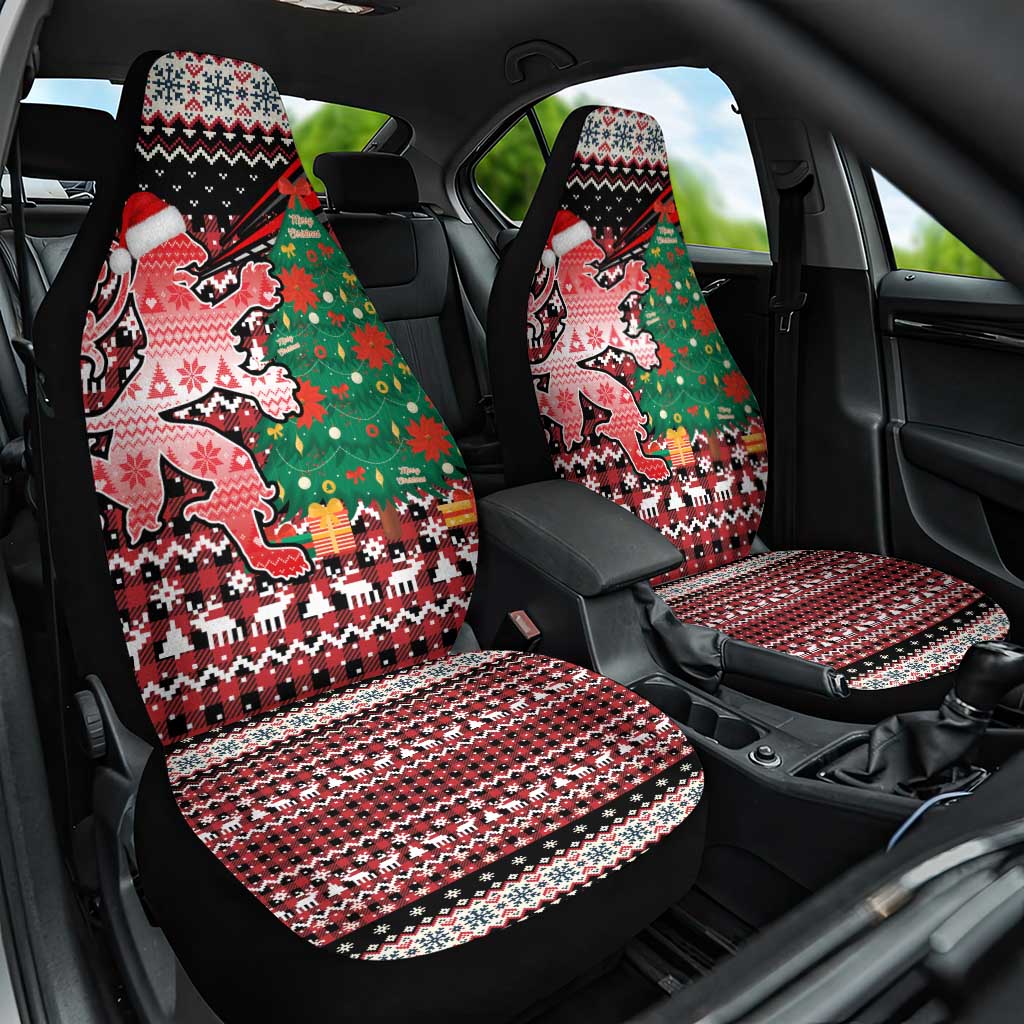 Latvia Christmas Car Seat Cover with Red Lion, Holiday Tree, and Nordic Pattern Design - Wonder Print Shop