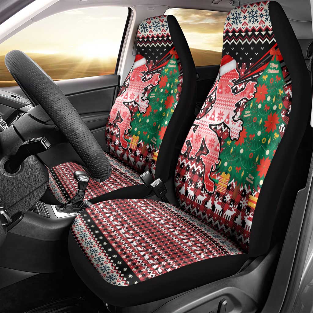 Latvia Christmas Car Seat Cover with Red Lion, Holiday Tree, and Nordic Pattern Design - Wonder Print Shop
