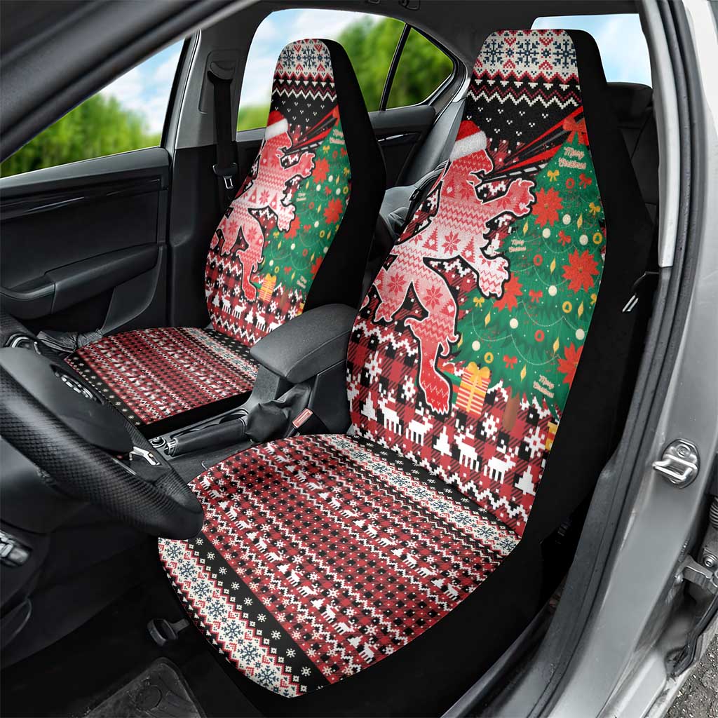 Latvia Christmas Car Seat Cover with Red Lion, Holiday Tree, and Nordic Pattern Design - Wonder Print Shop