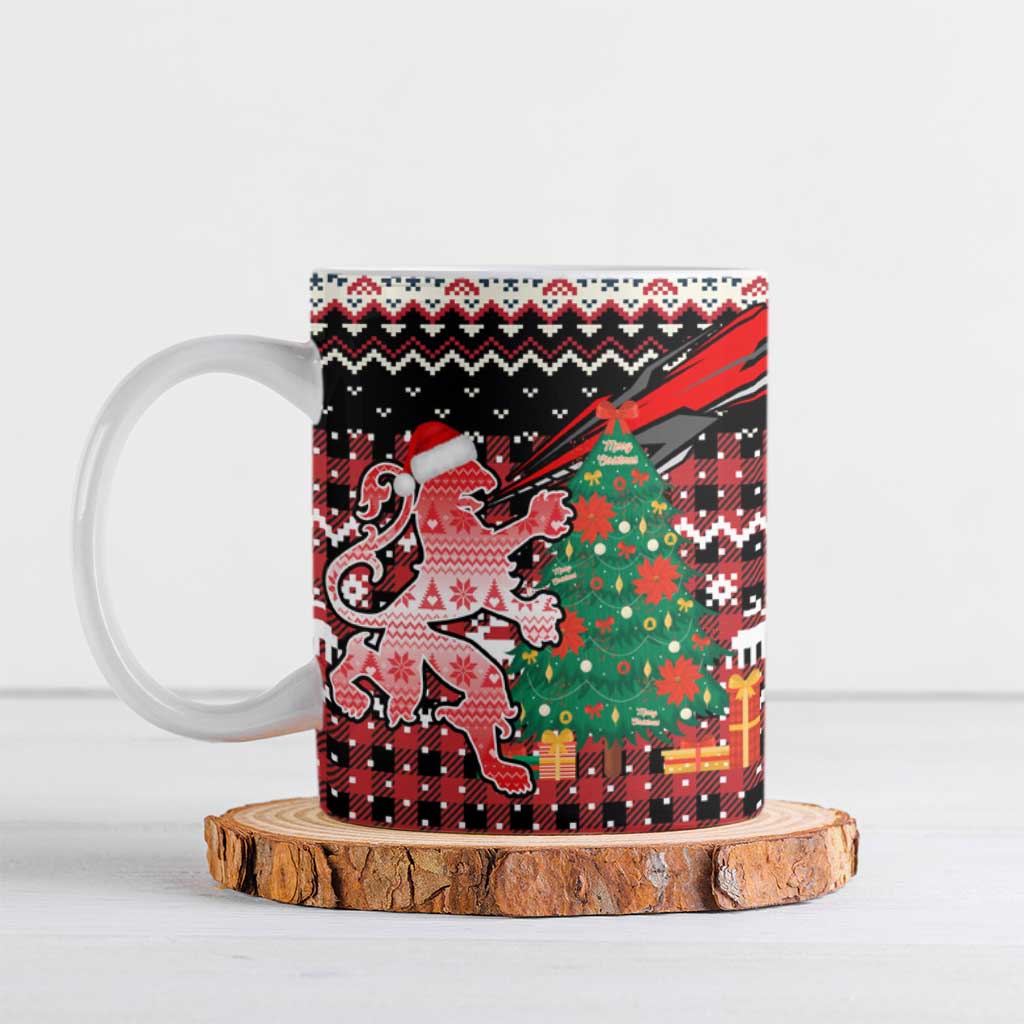 Latvia Christmas Ceramic Mug with Red Lion, Holiday Tree, and Nordic Pattern Design - Wonder Print Shop