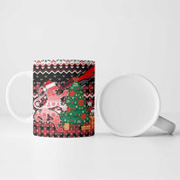 Latvia Christmas Ceramic Mug with Red Lion, Holiday Tree, and Nordic Pattern Design - Wonder Print Shop