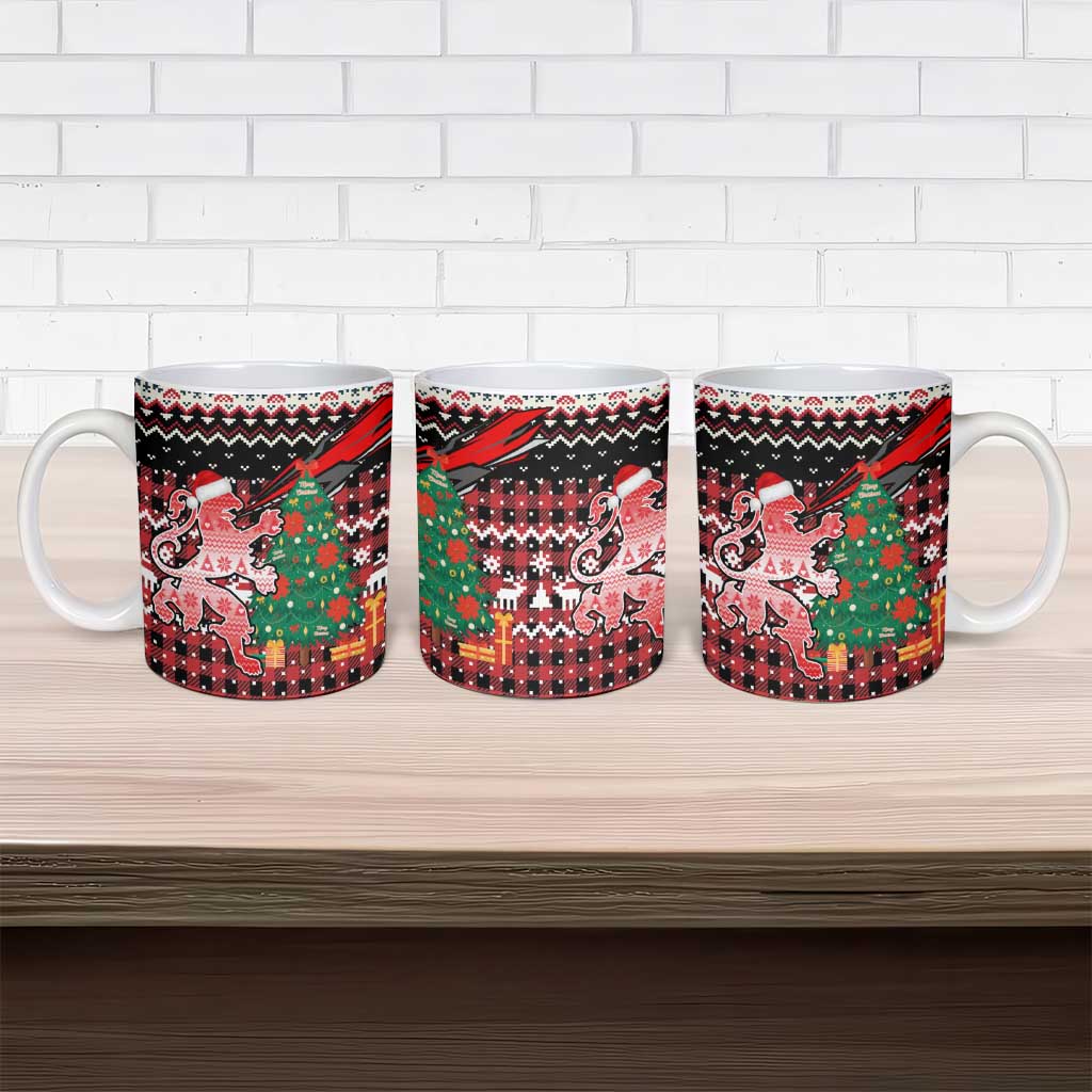 Latvia Christmas Ceramic Mug with Red Lion, Holiday Tree, and Nordic Pattern Design - Wonder Print Shop