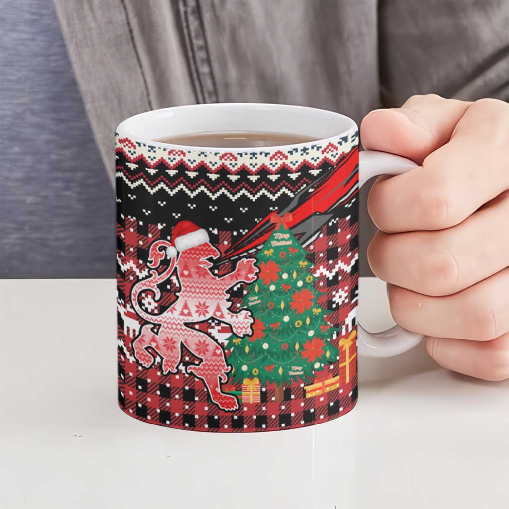 Latvia Christmas Ceramic Mug with Red Lion, Holiday Tree, and Nordic Pattern Design - Wonder Print Shop