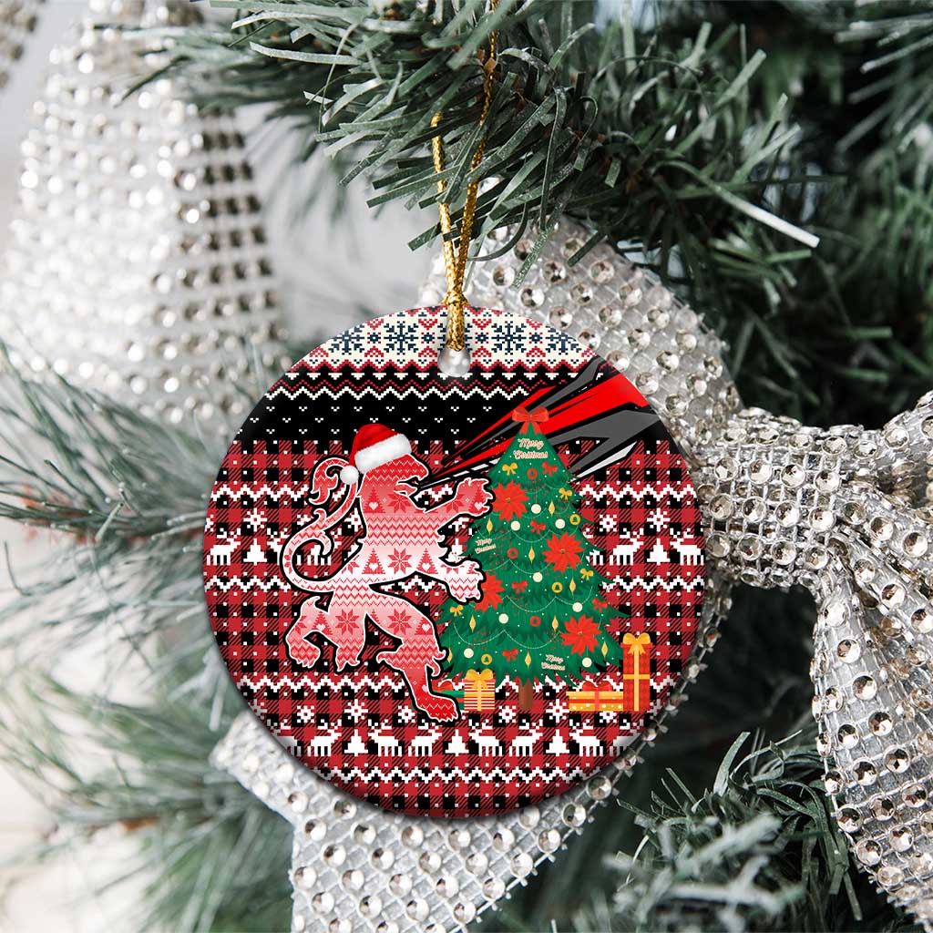 Latvia Christmas Ceramic Ornament with Red Lion, Holiday Tree, and Nordic Pattern Design - Wonder Print Shop