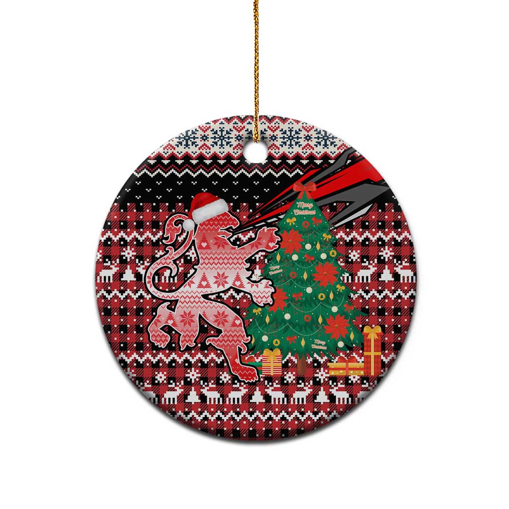 Latvia Christmas Ceramic Ornament with Red Lion, Holiday Tree, and Nordic Pattern Design - Wonder Print Shop