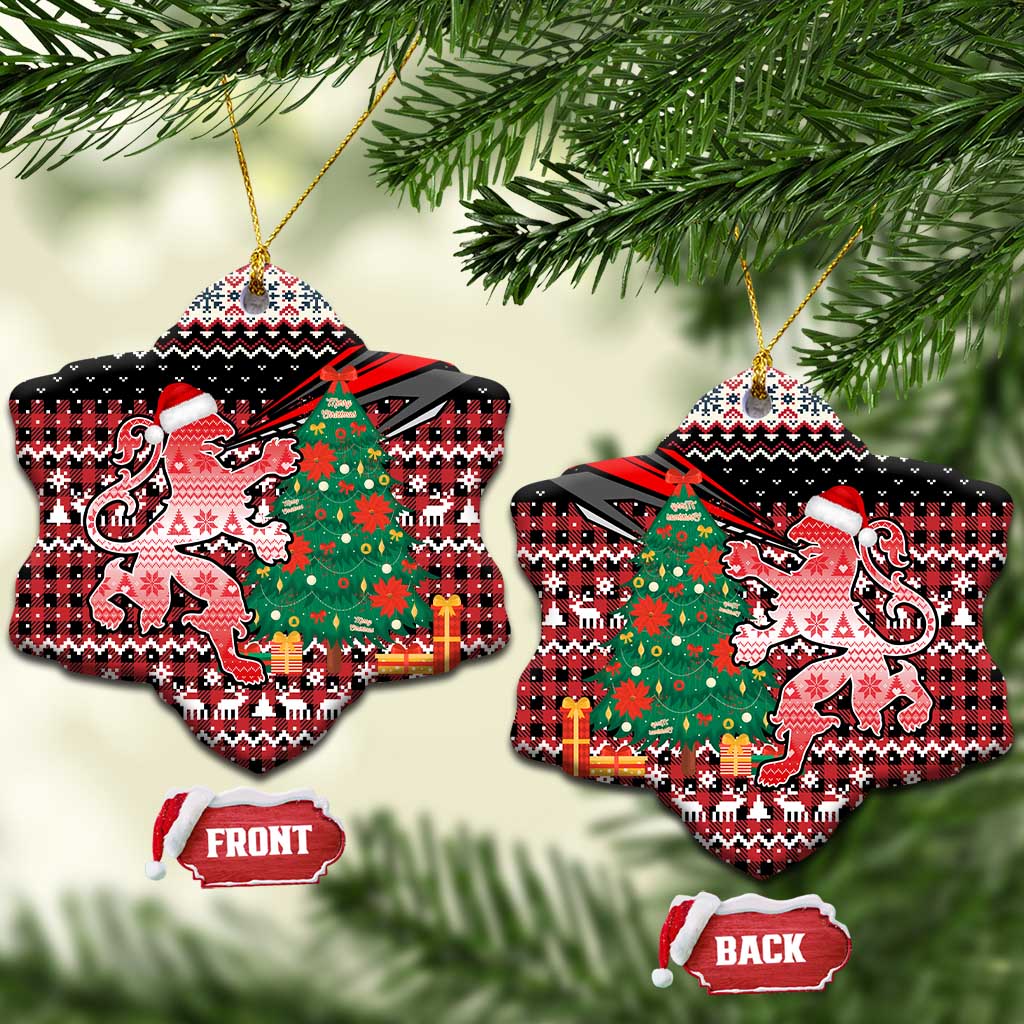 Latvia Christmas Ceramic Ornament with Red Lion, Holiday Tree, and Nordic Pattern Design - Wonder Print Shop