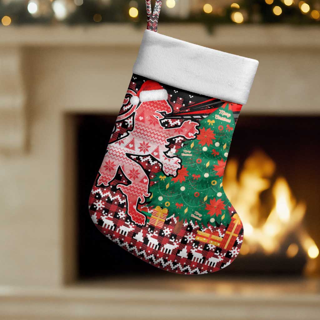 Latvia Christmas Stocking with Red Lion, Holiday Tree, and Nordic Pattern Design - Wonder Print Shop