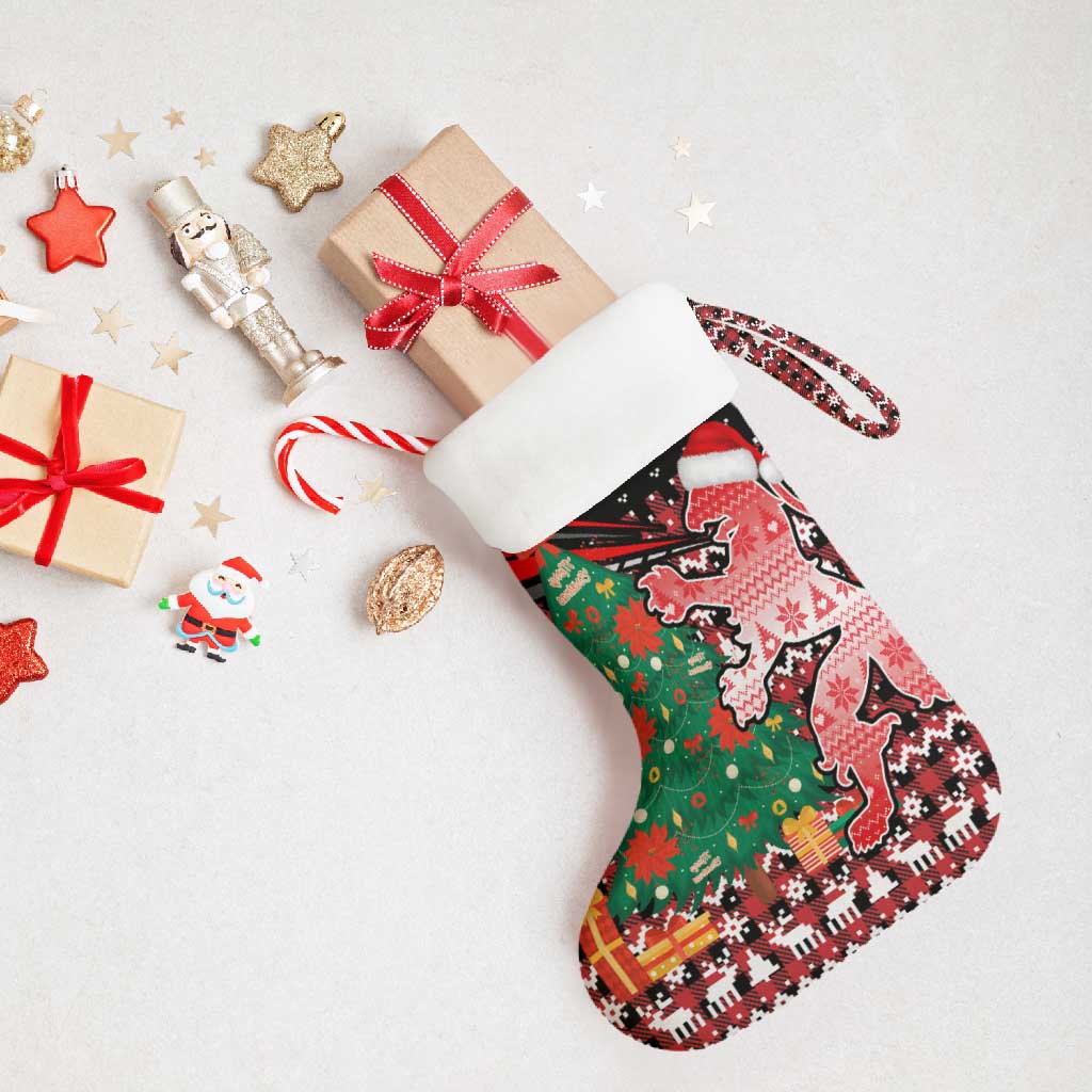 Latvia Christmas Stocking with Red Lion, Holiday Tree, and Nordic Pattern Design - Wonder Print Shop