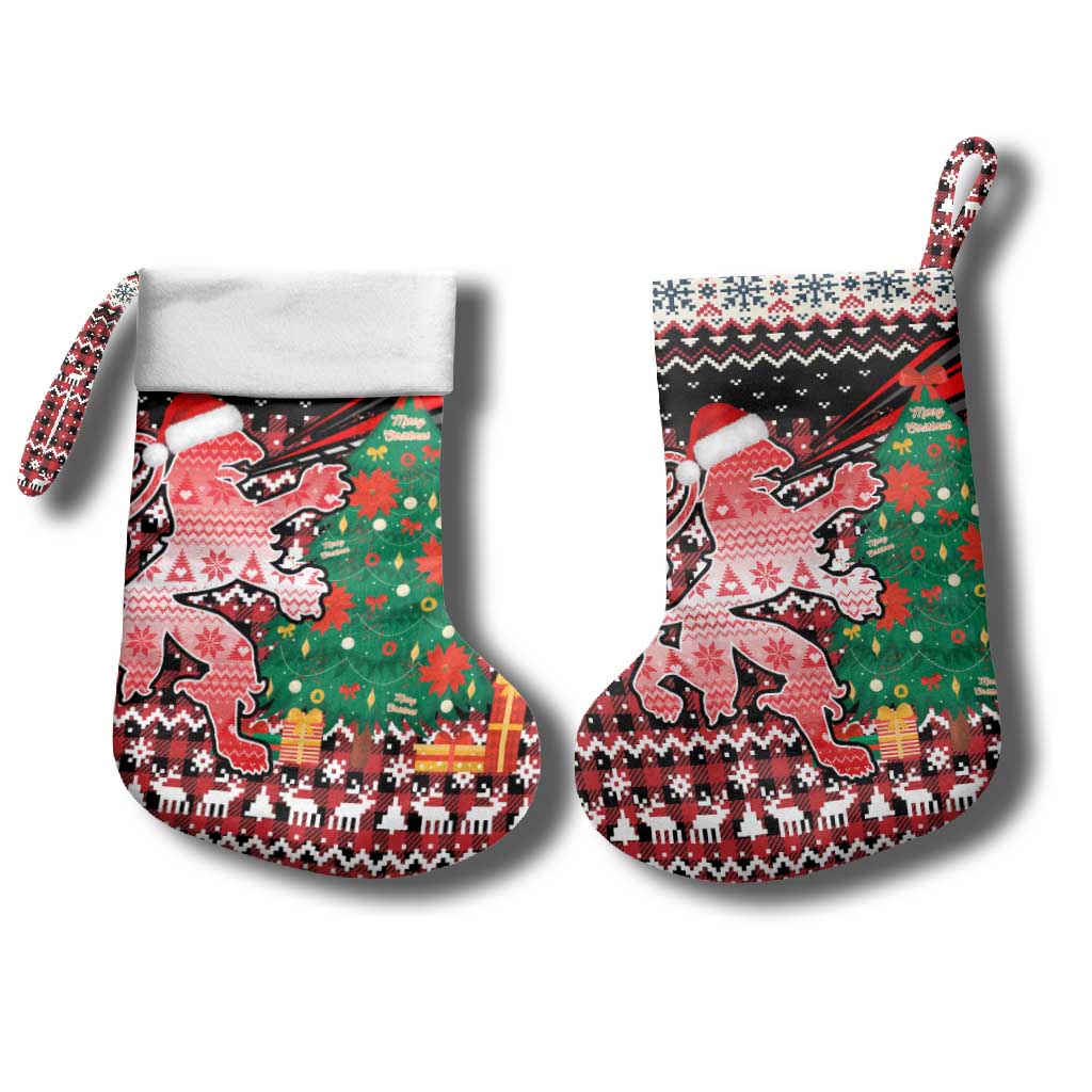 Latvia Christmas Stocking with Red Lion, Holiday Tree, and Nordic Pattern Design - Wonder Print Shop