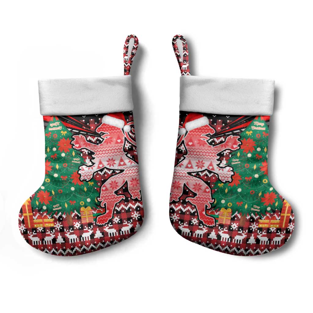 Latvia Christmas Stocking with Red Lion, Holiday Tree, and Nordic Pattern Design - Wonder Print Shop