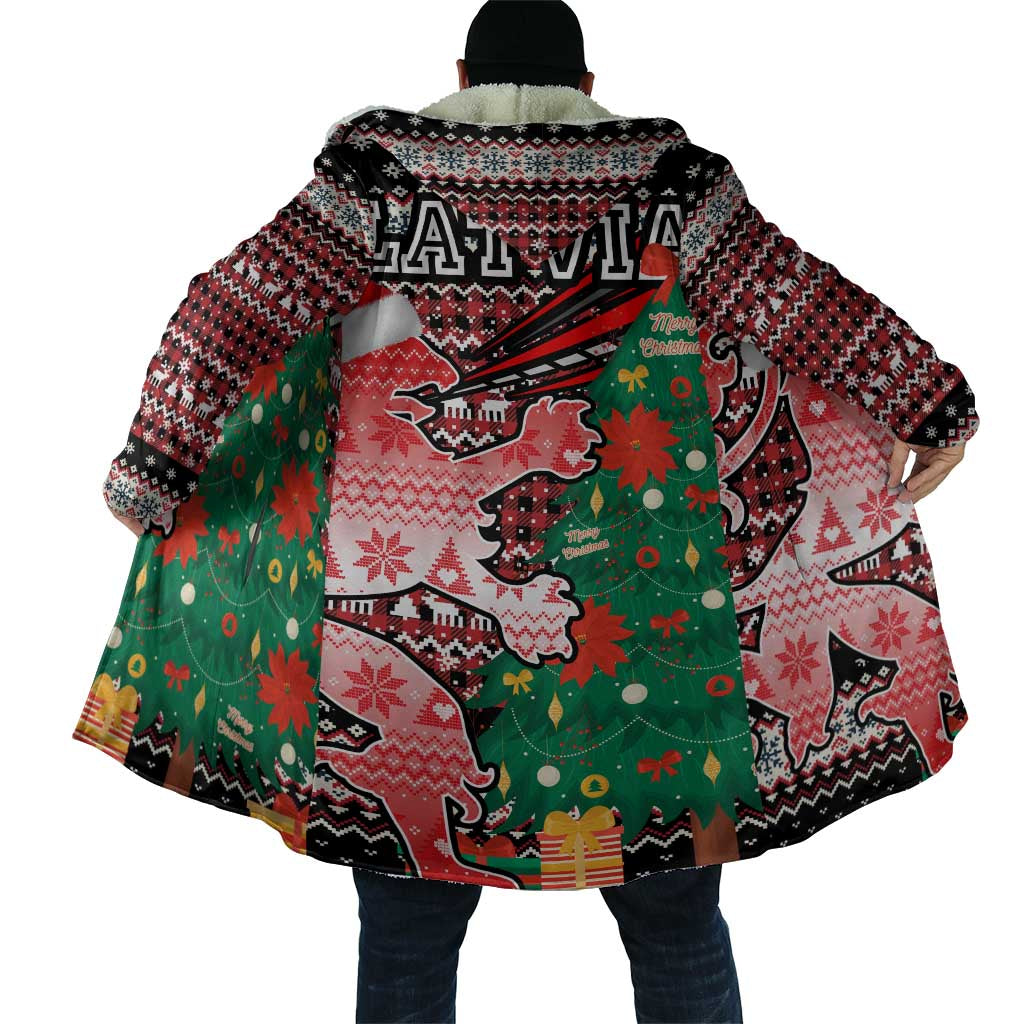 Latvia Christmas Cloak with Red Lion, Holiday Tree, and Nordic Pattern Design - Wonder Print Shop