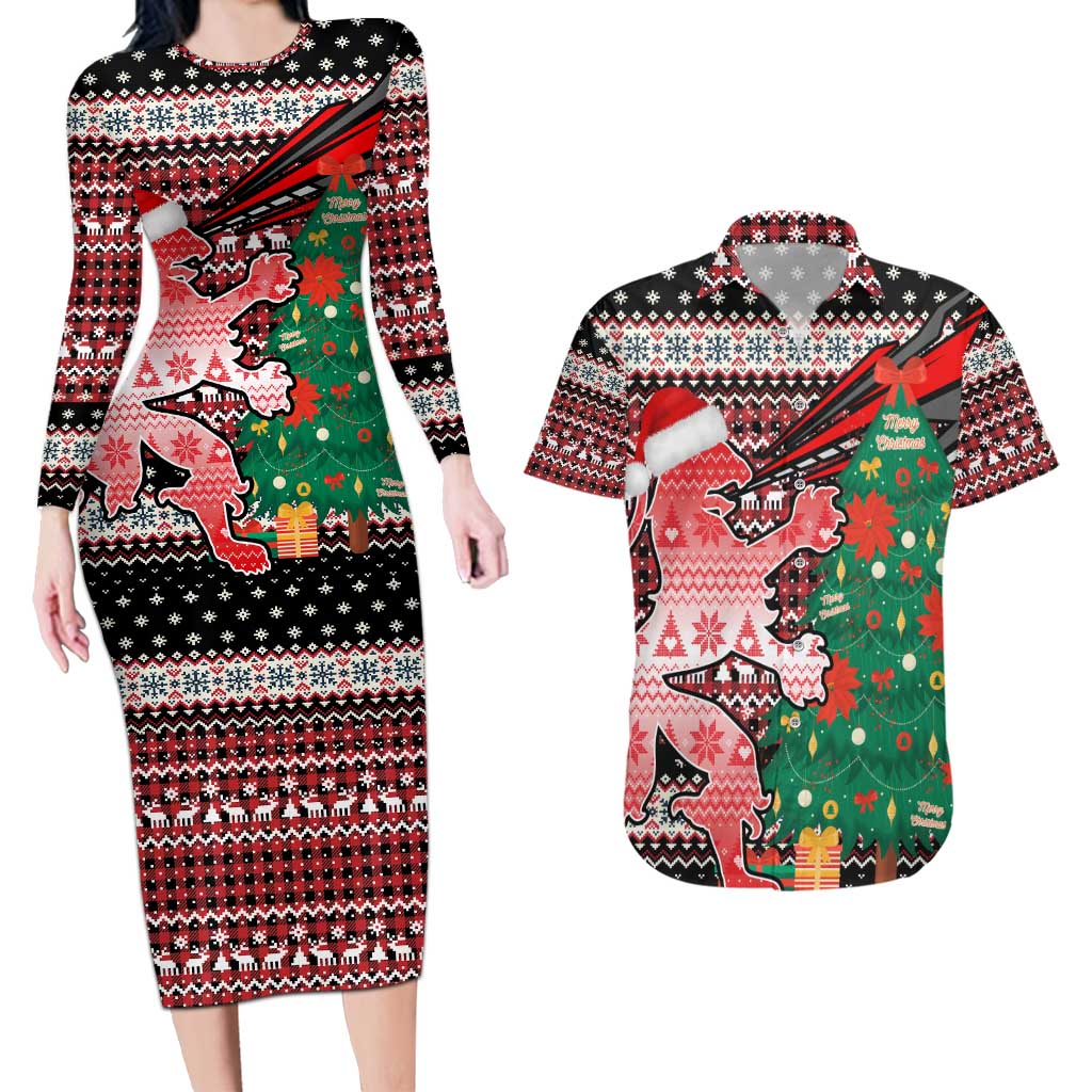 Latvia Christmas Couples Matching Long Sleeve Bodycon Dress and Hawaiian Shirt with Red Lion, Holiday Tree, and Nordic Pattern Design - Wonder Print Shop