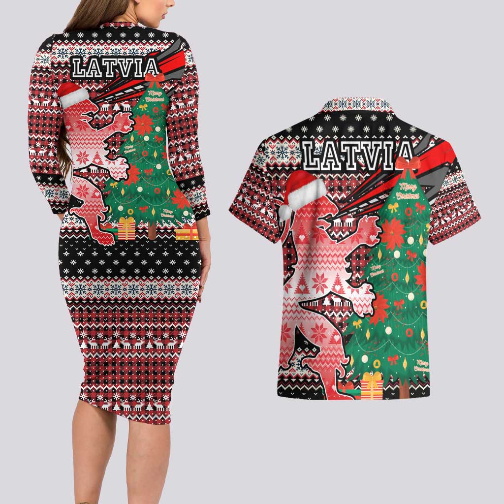 Latvia Christmas Couples Matching Long Sleeve Bodycon Dress and Hawaiian Shirt with Red Lion, Holiday Tree, and Nordic Pattern Design - Wonder Print Shop