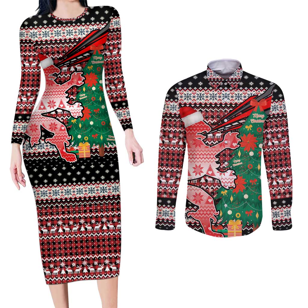 Latvia Christmas Couples Matching Long Sleeve Bodycon Dress and Long Sleeve Button Shirt with Red Lion, Holiday Tree, and Nordic Pattern Design - Wonder Print Shop
