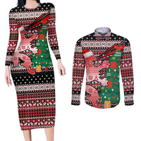 Latvia Christmas Couples Matching Long Sleeve Bodycon Dress and Long Sleeve Button Shirt with Red Lion, Holiday Tree, and Nordic Pattern Design - Wonder Print Shop
