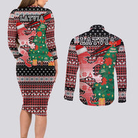 Latvia Christmas Couples Matching Long Sleeve Bodycon Dress and Long Sleeve Button Shirt with Red Lion, Holiday Tree, and Nordic Pattern Design - Wonder Print Shop