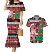 Latvia Christmas Couples Matching Mermaid Dress and Hawaiian Shirt with Red Lion, Holiday Tree, and Nordic Pattern Design - Wonder Print Shop