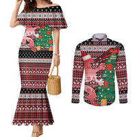 Latvia Christmas Couples Matching Mermaid Dress and Long Sleeve Button Shirt with Red Lion, Holiday Tree, and Nordic Pattern Design - Wonder Print Shop