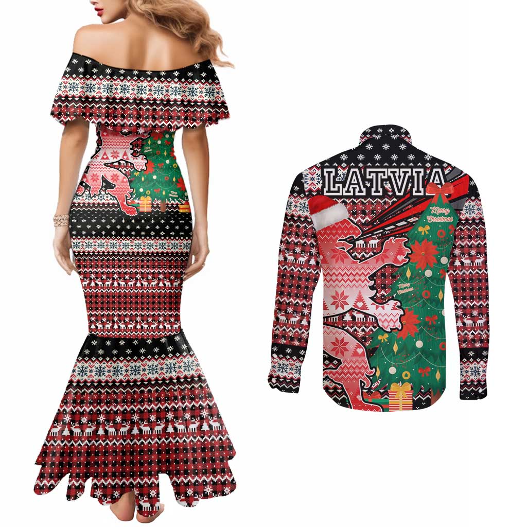 Latvia Christmas Couples Matching Mermaid Dress and Long Sleeve Button Shirt with Red Lion, Holiday Tree, and Nordic Pattern Design - Wonder Print Shop