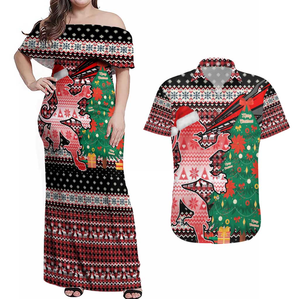Latvia Christmas Couples Matching Off Shoulder Maxi Dress and Hawaiian Shirt with Red Lion, Holiday Tree, and Nordic Pattern Design - Wonder Print Shop