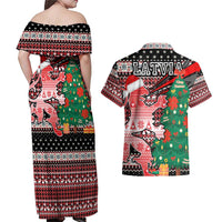 Latvia Christmas Couples Matching Off Shoulder Maxi Dress and Hawaiian Shirt with Red Lion, Holiday Tree, and Nordic Pattern Design - Wonder Print Shop