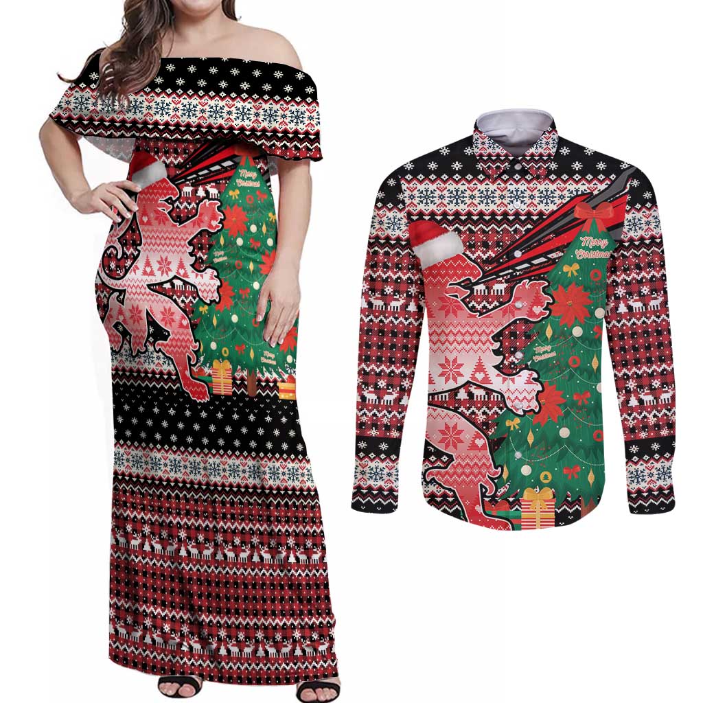 Latvia Christmas Couples Matching Off Shoulder Maxi Dress and Long Sleeve Button Shirt with Red Lion, Holiday Tree, and Nordic Pattern Design - Wonder Print Shop