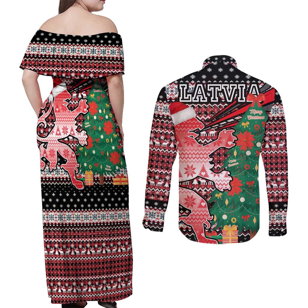 Latvia Christmas Couples Matching Off Shoulder Maxi Dress and Long Sleeve Button Shirt with Red Lion, Holiday Tree, and Nordic Pattern Design - Wonder Print Shop