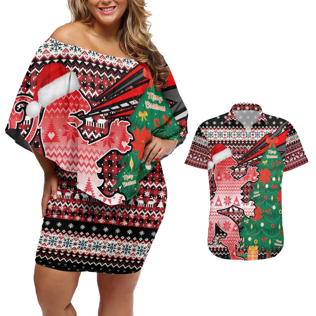 Latvia Christmas Couples Matching Off Shoulder Short Dress and Hawaiian Shirt with Red Lion, Holiday Tree, and Nordic Pattern Design - Wonder Print Shop