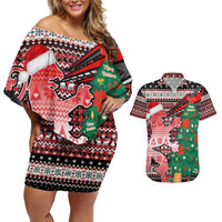 Latvia Christmas Couples Matching Off Shoulder Short Dress and Hawaiian Shirt with Red Lion, Holiday Tree, and Nordic Pattern Design - Wonder Print Shop