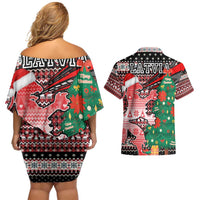 Latvia Christmas Couples Matching Off Shoulder Short Dress and Hawaiian Shirt with Red Lion, Holiday Tree, and Nordic Pattern Design - Wonder Print Shop