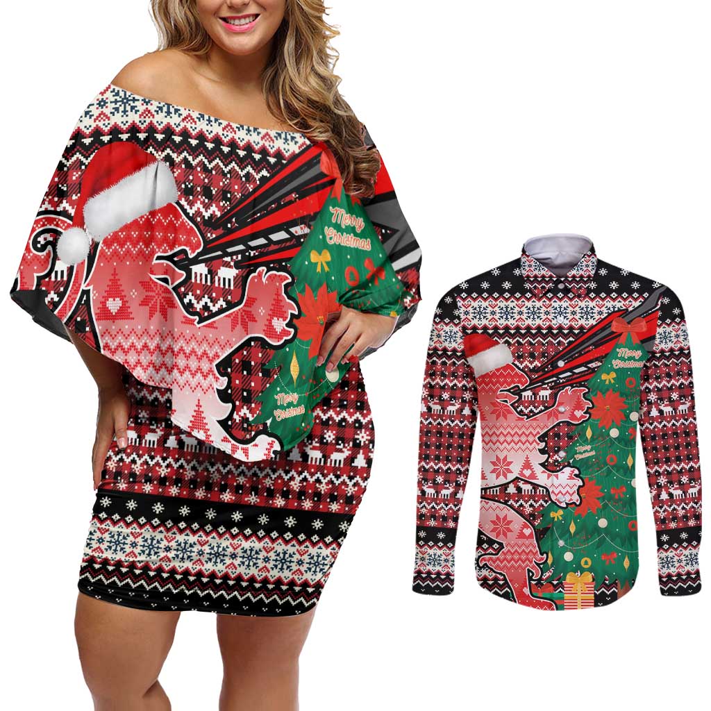 Latvia Christmas Couples Matching Off Shoulder Short Dress and Long Sleeve Button Shirt with Red Lion, Holiday Tree, and Nordic Pattern Design - Wonder Print Shop