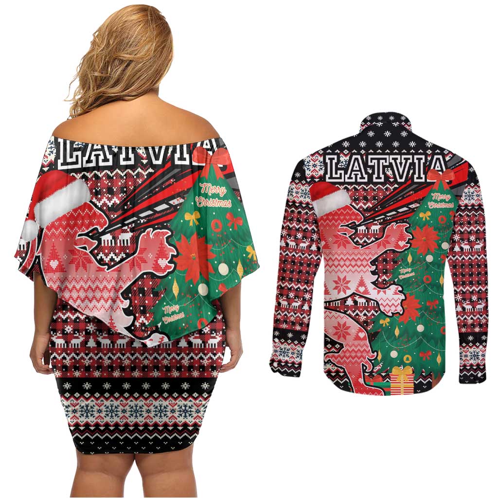 Latvia Christmas Couples Matching Off Shoulder Short Dress and Long Sleeve Button Shirt with Red Lion, Holiday Tree, and Nordic Pattern Design - Wonder Print Shop