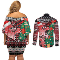 Latvia Christmas Couples Matching Off Shoulder Short Dress and Long Sleeve Button Shirt with Red Lion, Holiday Tree, and Nordic Pattern Design - Wonder Print Shop
