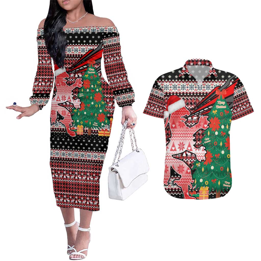 Latvia Christmas Couples Matching Off The Shoulder Long Sleeve Dress and Hawaiian Shirt with Red Lion, Holiday Tree, and Nordic Pattern Design - Wonder Print Shop