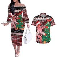 Latvia Christmas Couples Matching Off The Shoulder Long Sleeve Dress and Hawaiian Shirt with Red Lion, Holiday Tree, and Nordic Pattern Design - Wonder Print Shop
