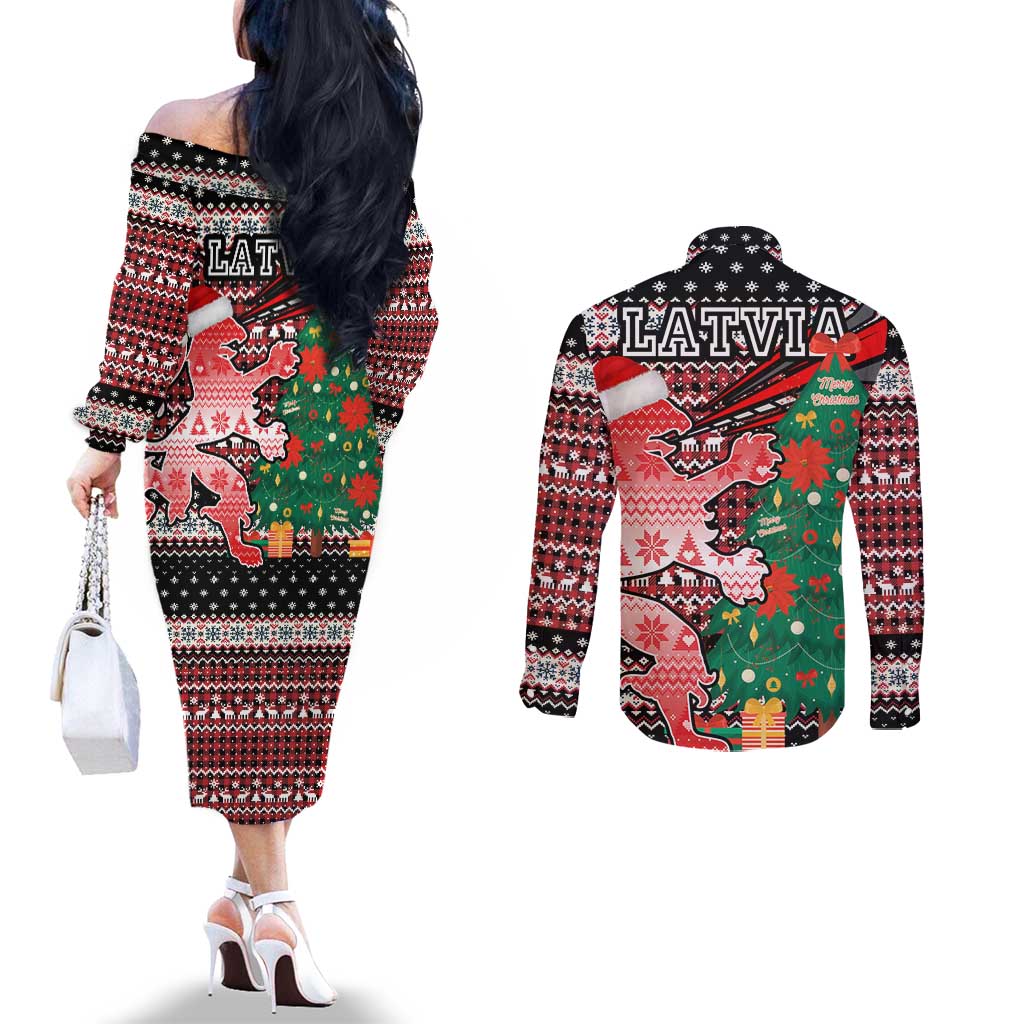 Latvia Christmas Couples Matching Off The Shoulder Long Sleeve Dress and Long Sleeve Button Shirt with Red Lion, Holiday Tree, and Nordic Pattern Design - Wonder Print Shop