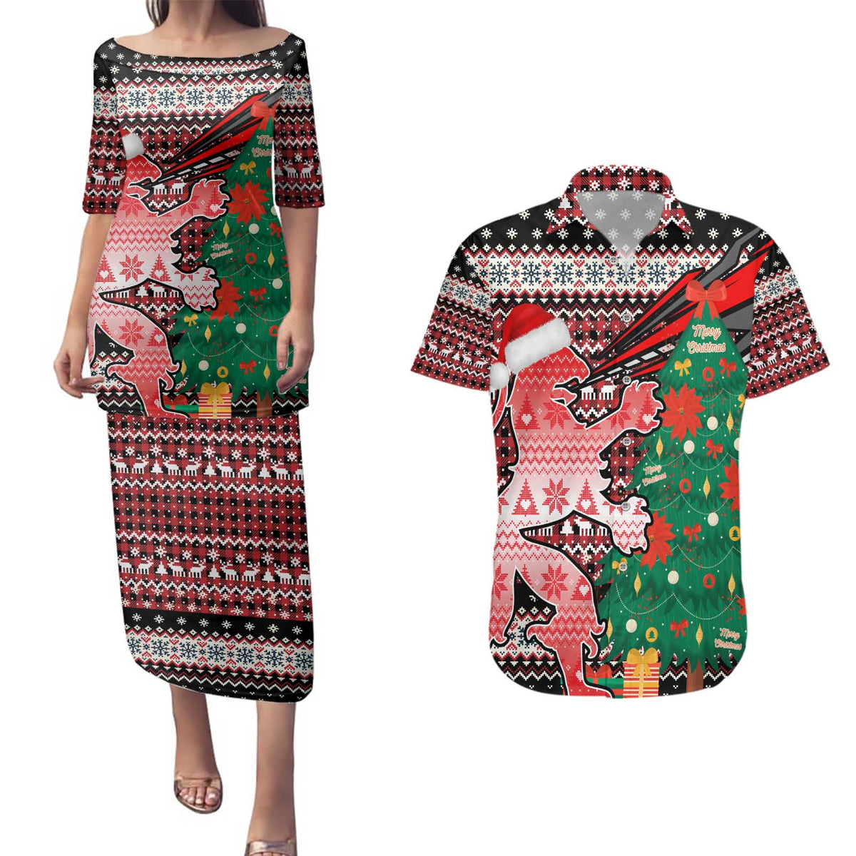 Latvia Christmas Couples Matching Puletasi and Hawaiian Shirt with Red Lion, Holiday Tree, and Nordic Pattern Design - Wonder Print Shop